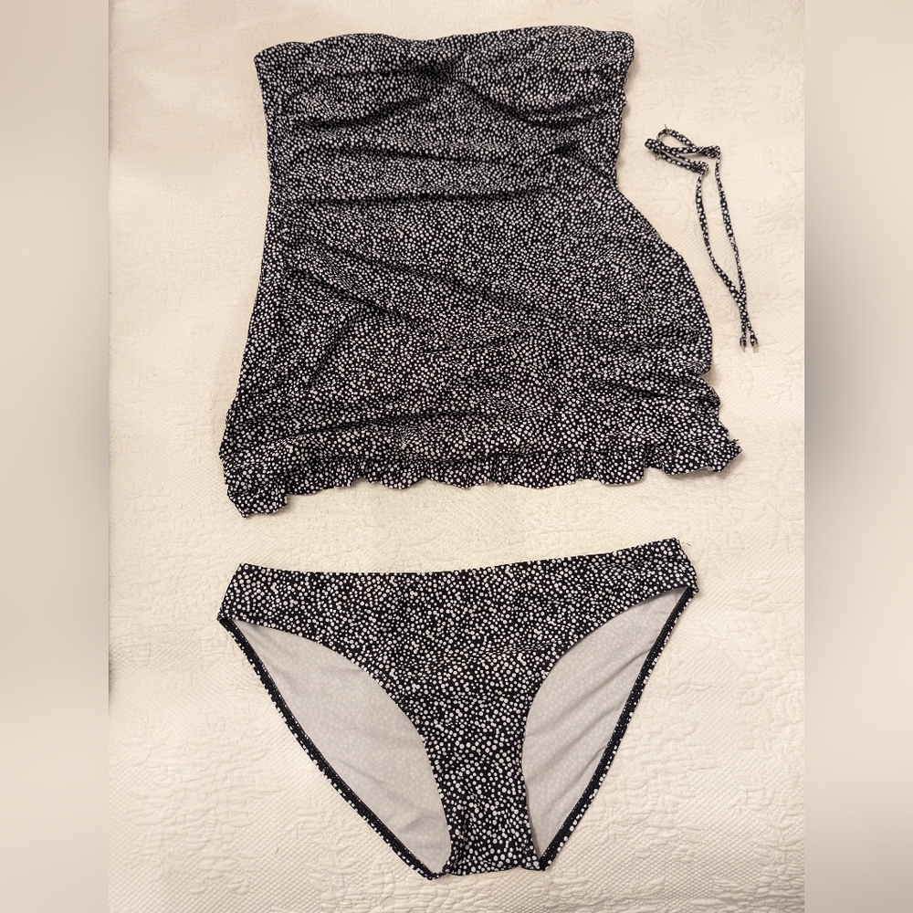 Black and white ruffle swim dress